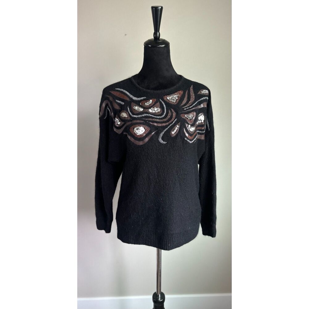 Vintage WORK IN PROGRESS Women's Western Embellished Black Knit Sweater Size M